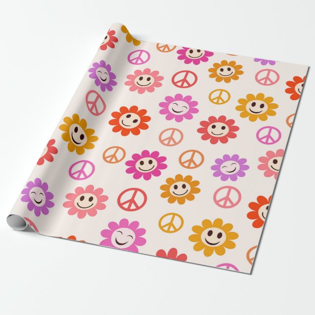 Lycklig ler Flowers mönster med fredstecken Presentpapper (Utrullad)