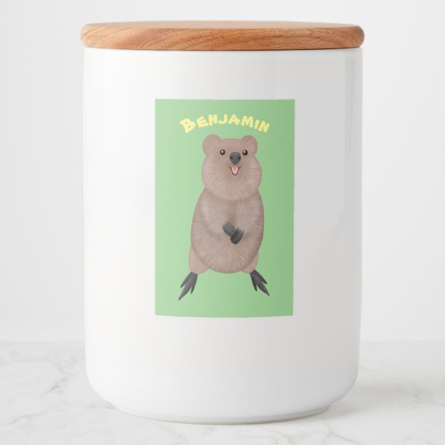 Lycklig ler söt quokka tecknad design mat etikett (Framsida)