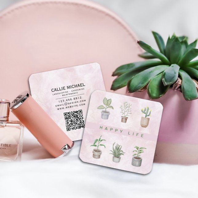Lycklig Life Grönt Plants Fyrkantigt Visitkort (Watercolor Pink and Green Potted Plant Business Card, #nurseries, #eventplanners#illustrators)