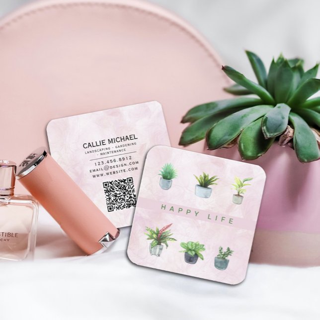 Lycklig Life Grönt Plants Fyrkantigt Visitkort (Watercolor Pink and Green Potted Plant Business Card, Great design for #nurseries #eventplanners )