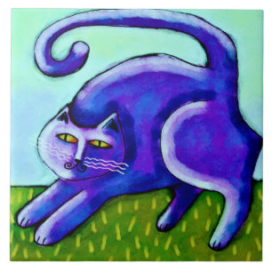 Lycklig Lila Cat-Abstrakt, målning Kakelplatta