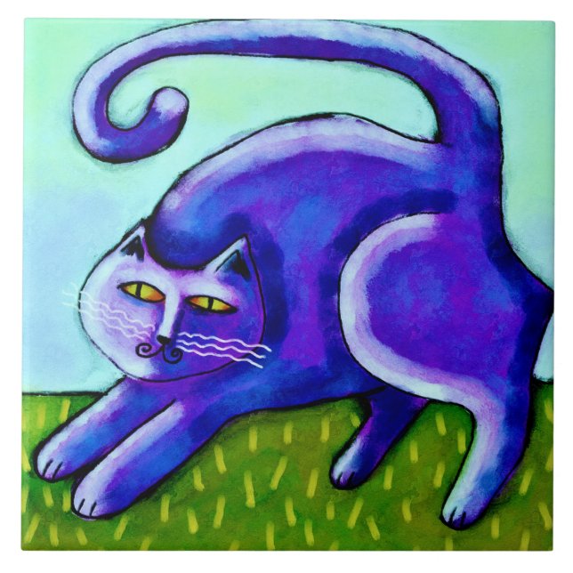 Lycklig Lila Cat-Abstrakt, målning Kakelplatta (Framsidan)