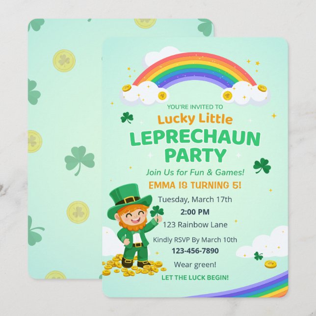 Lycklig liten Leprechaun Regnbåge Barnkalas Inbjudningar (Fram/baksida)