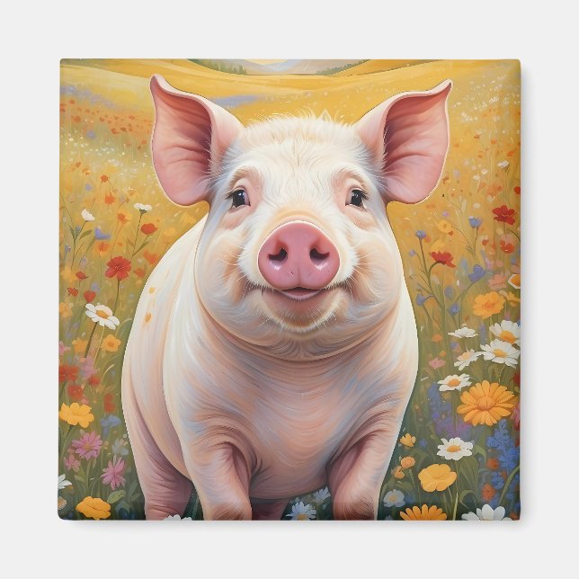 Lycklig Little Pig Sunny Daisy Fält Magnet (Framsidan)