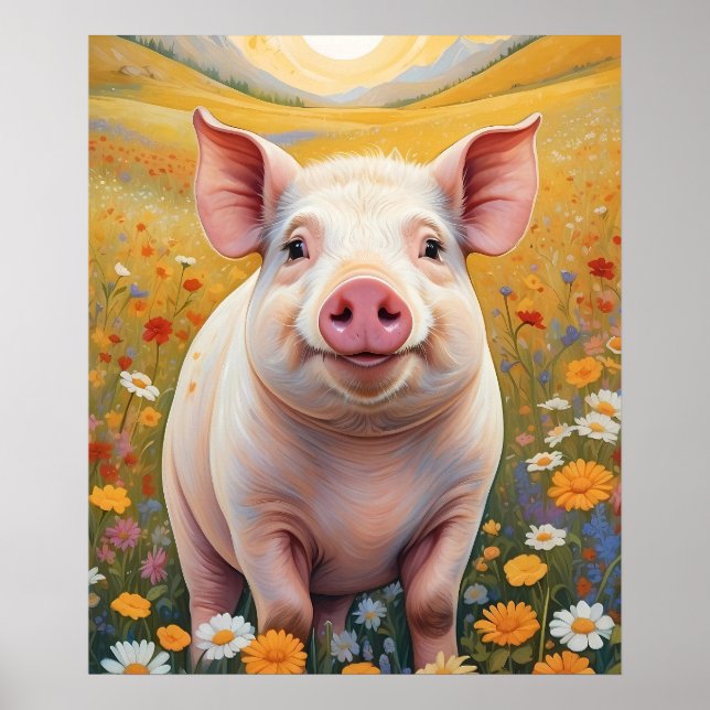 Lycklig Little Pig Sunny Daisy Fält Poster (Framsidan)