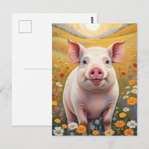 Lycklig Little Pig Sunny Daisy Fält Vykort