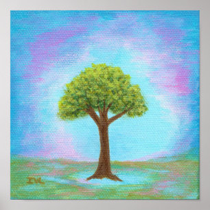 Lycklig Little Träd Whimsic Ligcape Art Blue Poster
