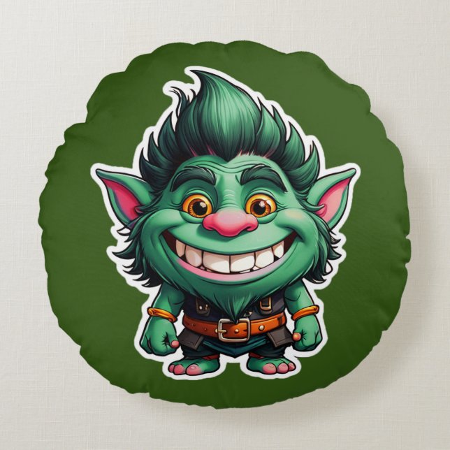 Lycklig Little Troll Chibi illustration Rund Kudde (Framsidan)