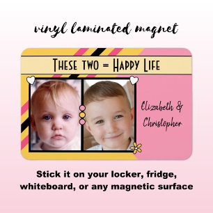Lycklig-livet tillför 2 foton och namn gult rosa magnet