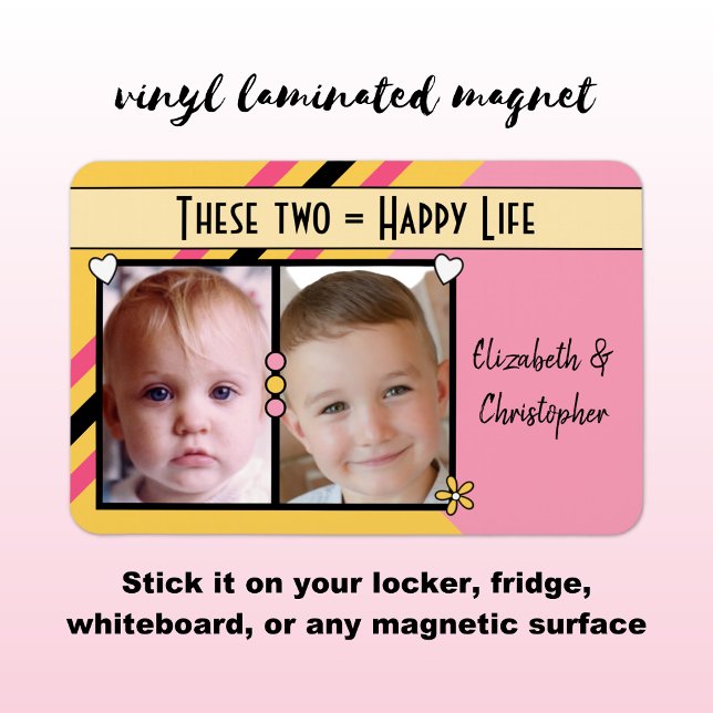 Lycklig-livet tillför 2 foton och namn gult rosa magnet (Skapare uppladdad)