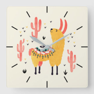 Lycklig llama med cactus fyrkantig klocka