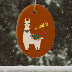 Lycklig Llama med Namn på rödkeramiskt prydnadsför Julgransprydnad Keramik