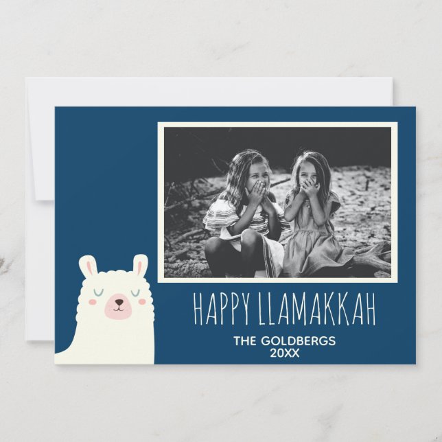 Lycklig Llamakkah Blue Hanukkah Llama Cute Photo Julkort (Framsida)