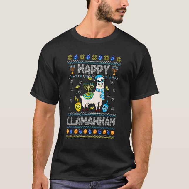 Lycklig Llamakkah Llama Ugly Hanukkah Ugly Sweater T Shirt (Framsida)
