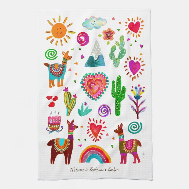 Lycklig Llamas & Hearts Anpassade Kitchen Towels Kökshandduk (Vertikal)