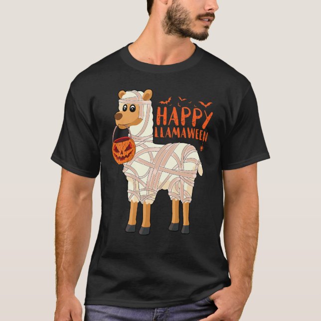 Lycklig Llamaween Halloween Llama Alpaca Mummy Pum T Shirt (Framsida)