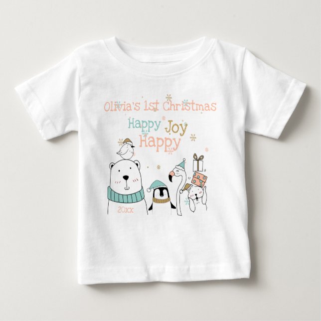 Lycklig Lycklig Joy Cute Animals 1:a jul T Shirt (Framsida)