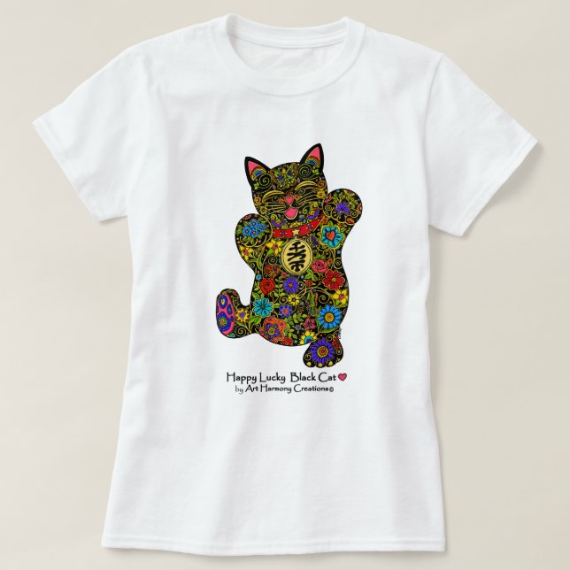 Lycklig lycklig svart kattdam tshirt tröja (Design framsida)