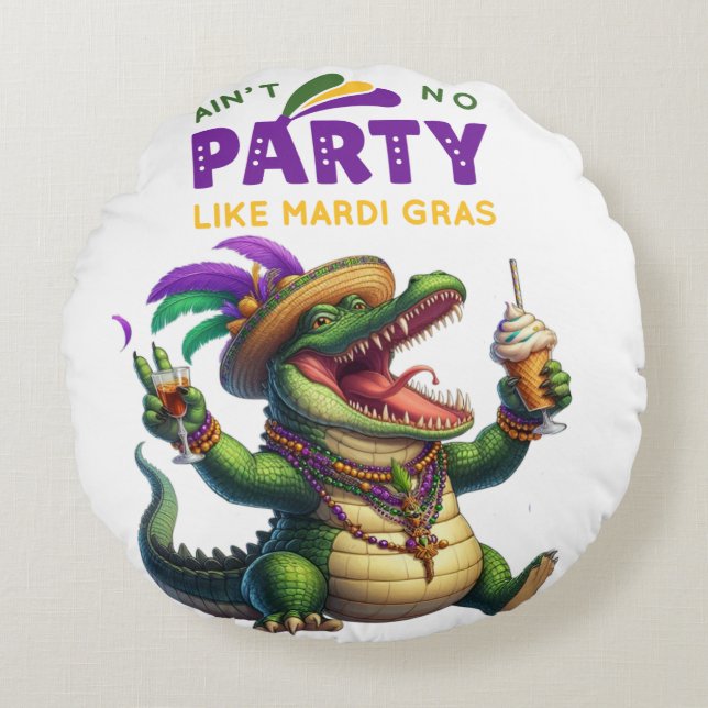 Lycklig Mardi Gras Alligator Rund Kudde (Framsidan)