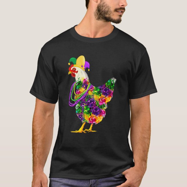 Lycklig Mardi Gras Cute Chicken Wearing Pärlor Jes T Shirt (Framsida)