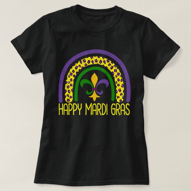 Lycklig Mardi Gras Cute Leopard Rainbow T Shirt (Design framsida)