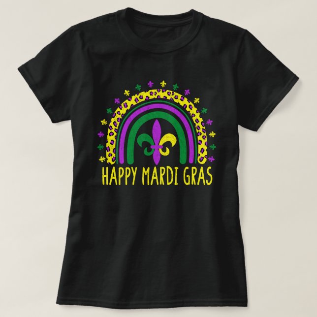 Lycklig Mardi Gras Cute Leopard Rainbow T Shirt (Design framsida)