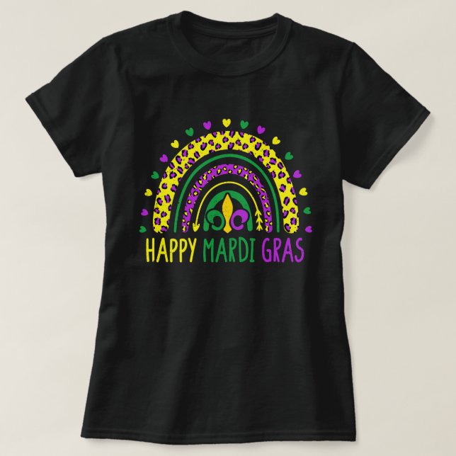 Lycklig Mardi Gras Cute Leopard Rainbow T Shirt (Design framsida)