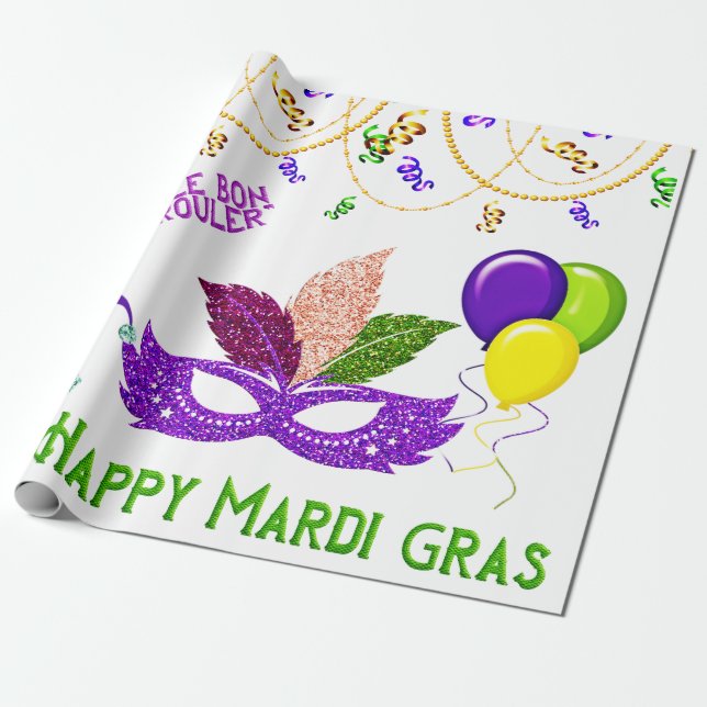 Lycklig Mardi Gras Firande Pärlor Mask Presentpapper (Utrullad)