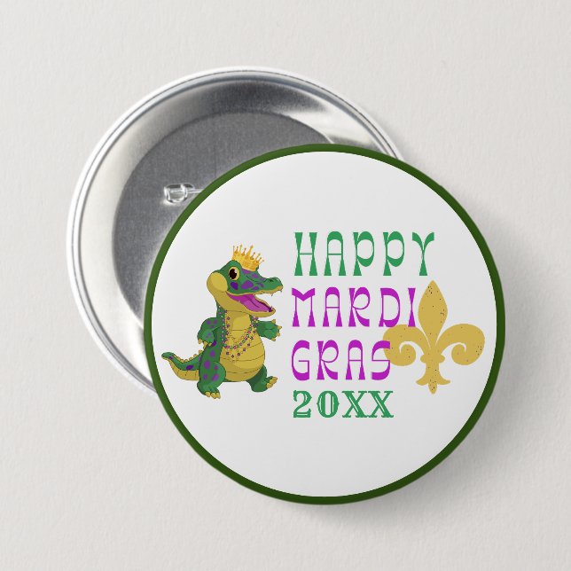 Lycklig Mardi Gras Gator Kung Button Knapp (Framsida & baksida)