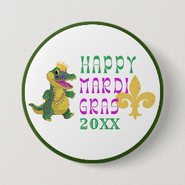 Lycklig Mardi Gras Gator Kung Button Knapp