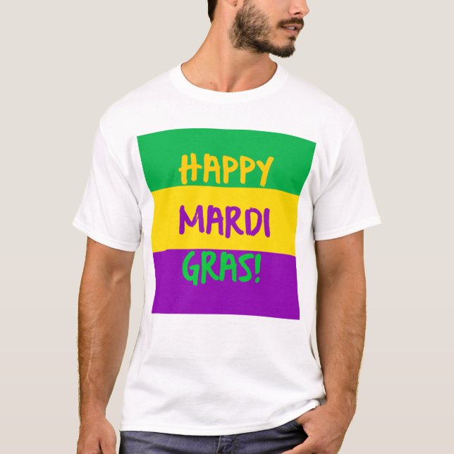 Lycklig Mardi Gras lilagrönt och guld Tee Shirt (Framsida)