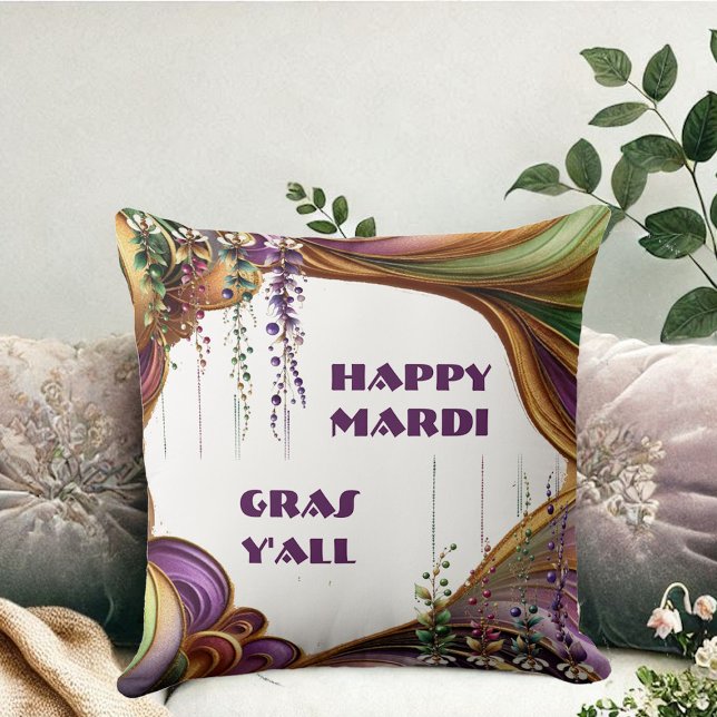 Lycklig Mardi Gras Y'All Lila Grönt Guld Färg Kudde (Happy Mardi Gras Y'All Purple Green Gold Colors Throw Pillow)