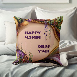 Lycklig Mardi Gras Y'All Lila Grönt Guld Färg Kudde