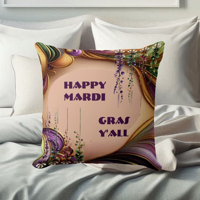 Lycklig Mardi Gras Y'All Lila Grönt Guld Färg Kudde (Happy Mardi Gras Y'All Purple Green Gold Colors Throw Pillow)