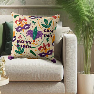 Lycklig Mardi Gras Y'All Masks Fleur De Lis Pärlor Kudde