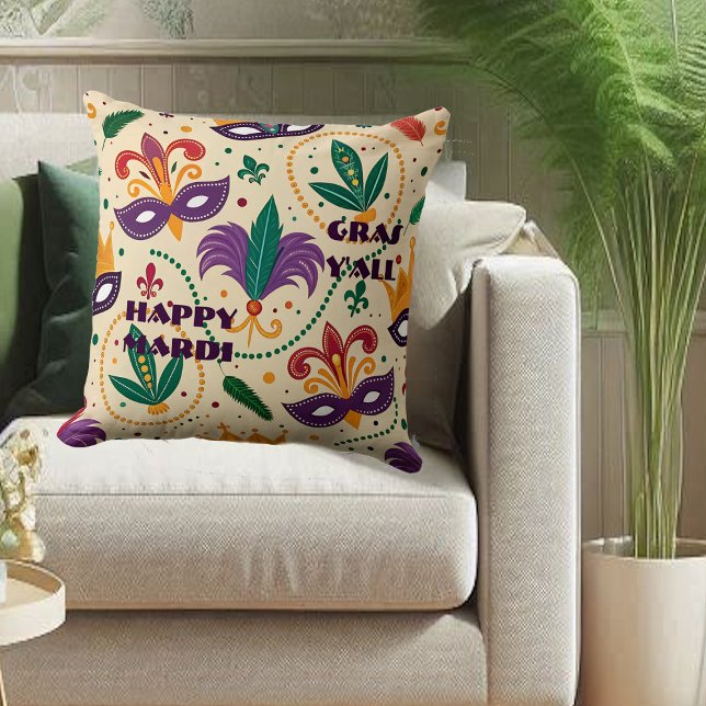Lycklig Mardi Gras Y'All Masks Fleur De Lis Pärlor Kudde (Happy Mardi Gras Y'All Masks Fleur De Lis Beads Throw Pillow)