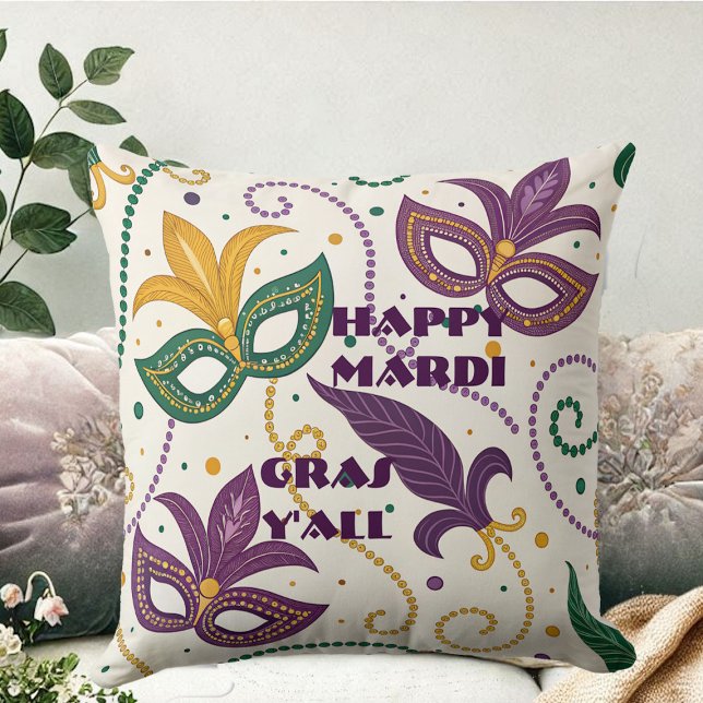 Lycklig Mardi Gras Y'All Masks Fleur De Lis Pärlor Kudde (Happy Mardi Gras Y'All Masks Fleur De Lis Beads Throw Pillow)