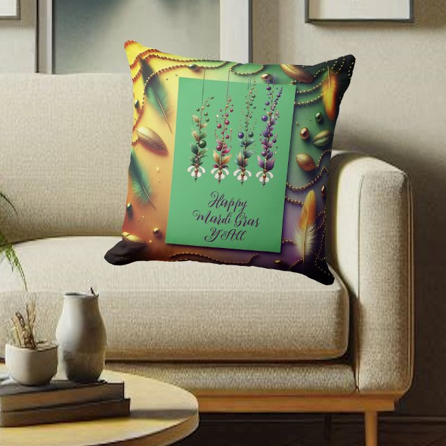 Lycklig Mardi Gras Y'All Quote Feather Pärlor Gold Kudde (Happy Mardi Gras Y'All Quote Feather Beads Golden Throw Pillow)