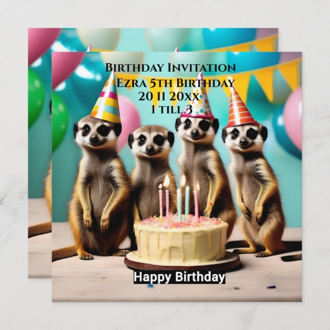 Lycklig Meerkat Birthday, Födelsedagsfest inbjudan (Fram/baksida)