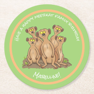 Lycklig meerkat-familjens födelsedagsdag tecknad underlägg papper rund