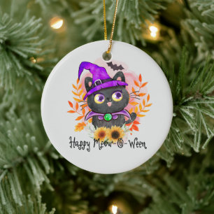 Lycklig Meow-o-ween-Black Witch Cat Julgransprydnad Keramik