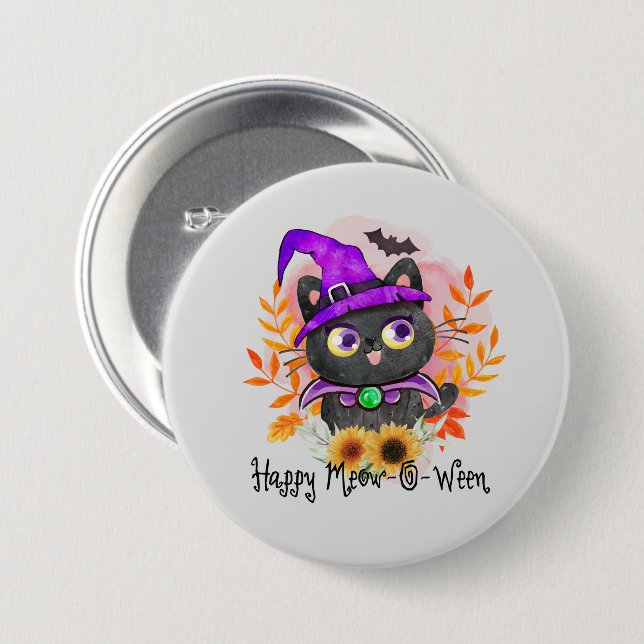 Lycklig Meow-o-ween-Black Witch Cat Knapp (Framsida & baksida)