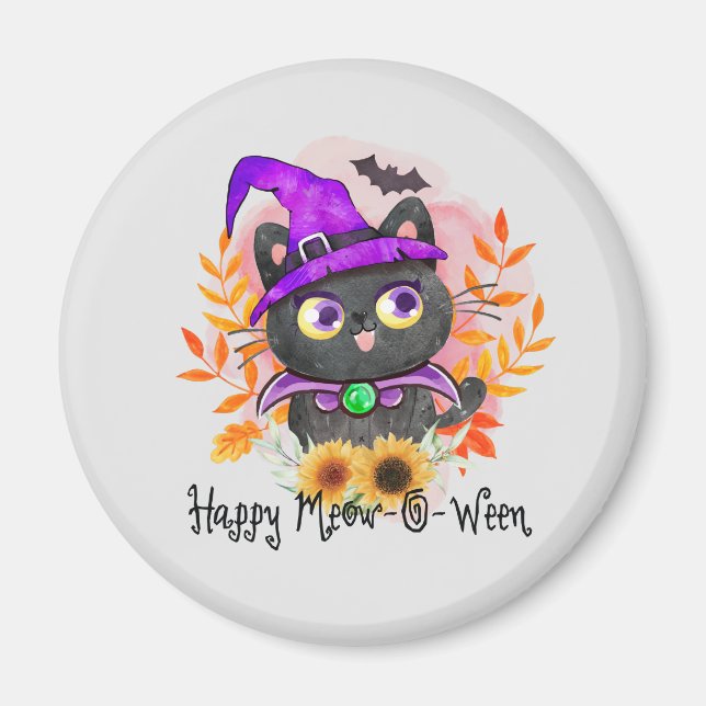 Lycklig Meow-o-ween-Black Witch Cat Magnet (Framsidan)