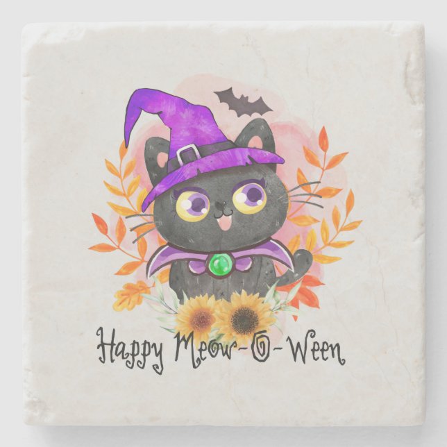 Lycklig Meow-o-ween-Black Witch Cat Stenunderlägg (Framsidan)