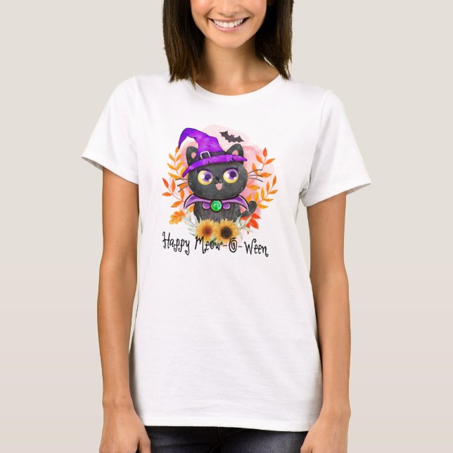 Lycklig Meow-o-ween-Black Witch Cat T Shirt (Framsida)