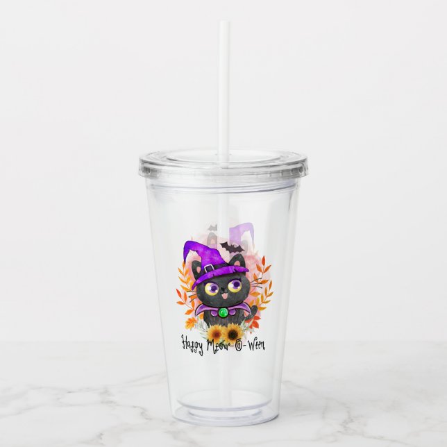 Lycklig Meow-o-ween-Black Witch Cat Take Away Mugg (Framsida)