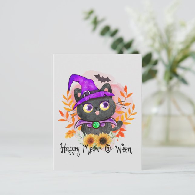 Lycklig Meow-o-ween-Black Witch Cat Vykort (Stående Fram)