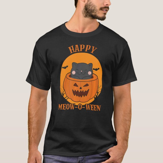 Lycklig Meow O Ween Cat Halloween Costume T Shirt (Framsida)