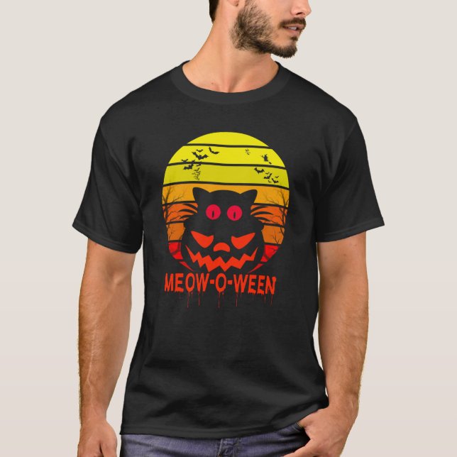 Lycklig Meow-O-Ween Halloween Cat Summer Retro T Shirt (Framsida)