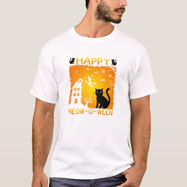 Lycklig Meow-O-Ween - Svarta katter, Haunted House T Shirt (Framsida)